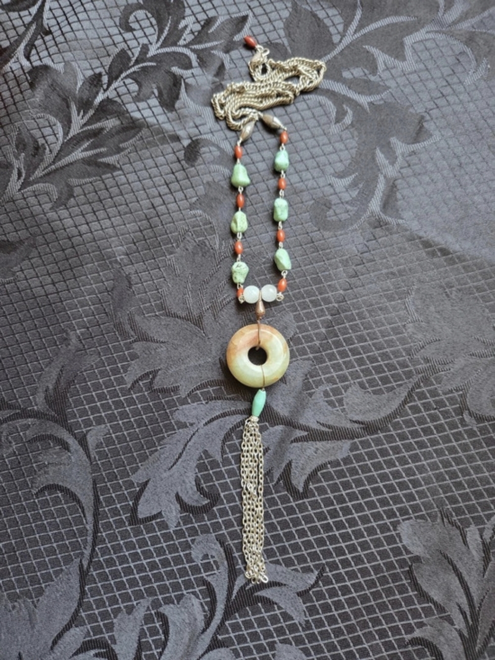 Beaded Pendant Tassel Necklace in Green & Black